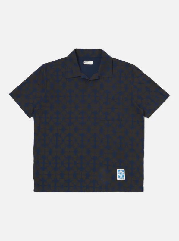 Navy/Brown Mitla Print Jersey Newlyn Polo made by Universal Works