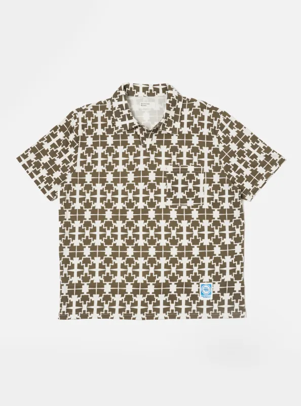 Ecru/Mud Mitla Print Jersey Newlyn Polo made by Universal Works