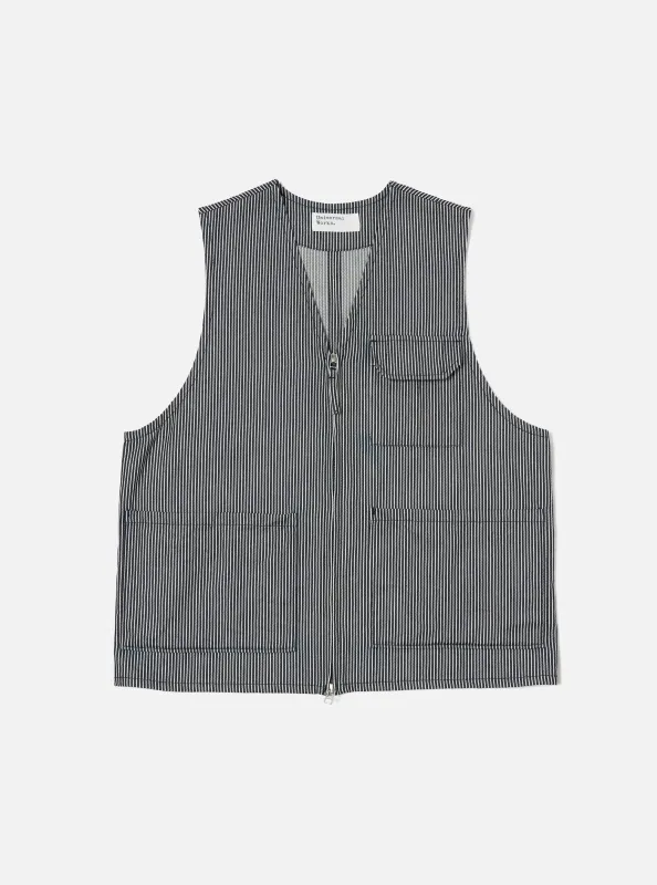 Indigo Hickory Stripe Denim Marine Gilet sold by Universal Works