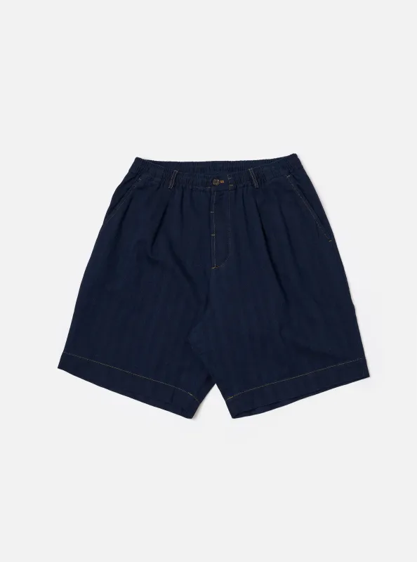 Indigo Recycled Herringbone Pleated Track Short made by Universal Works