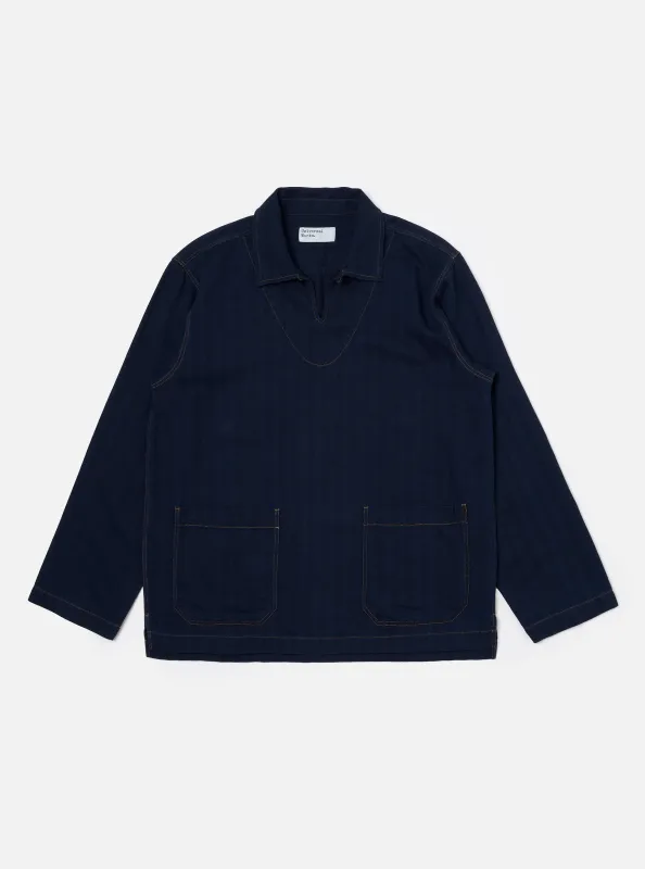 Indigo Recycled Herringbone Smock Overshirt made by Universal Works