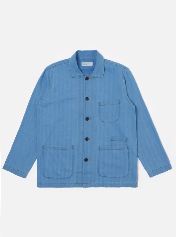 Washed Indigo Recycled Herringbone Bakers Overshirt sold by Universal Works