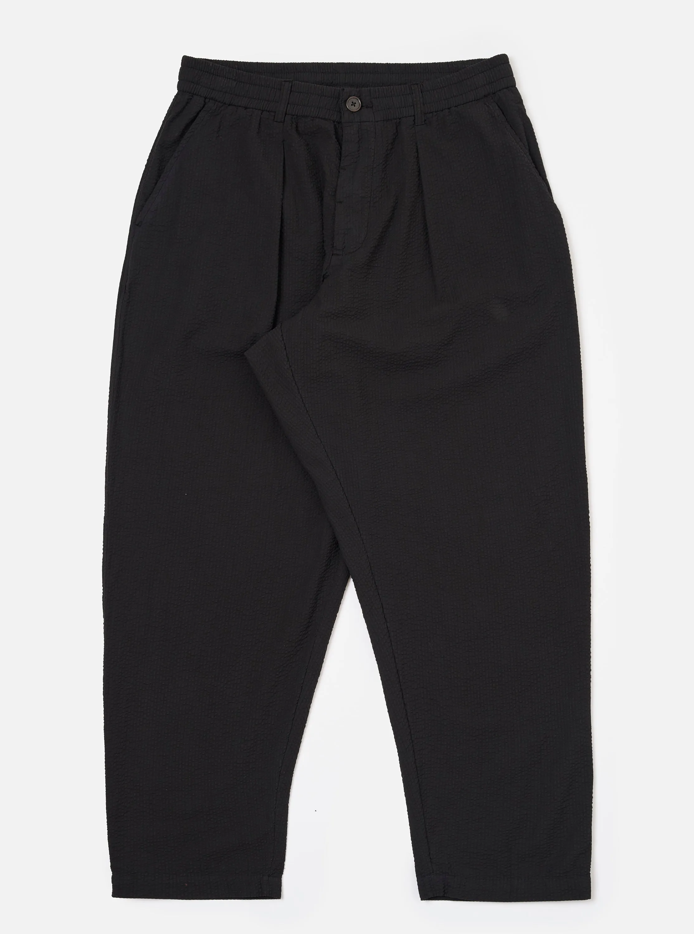 Black Merida Seersucker Pleated Track Pant sold by Universal Works