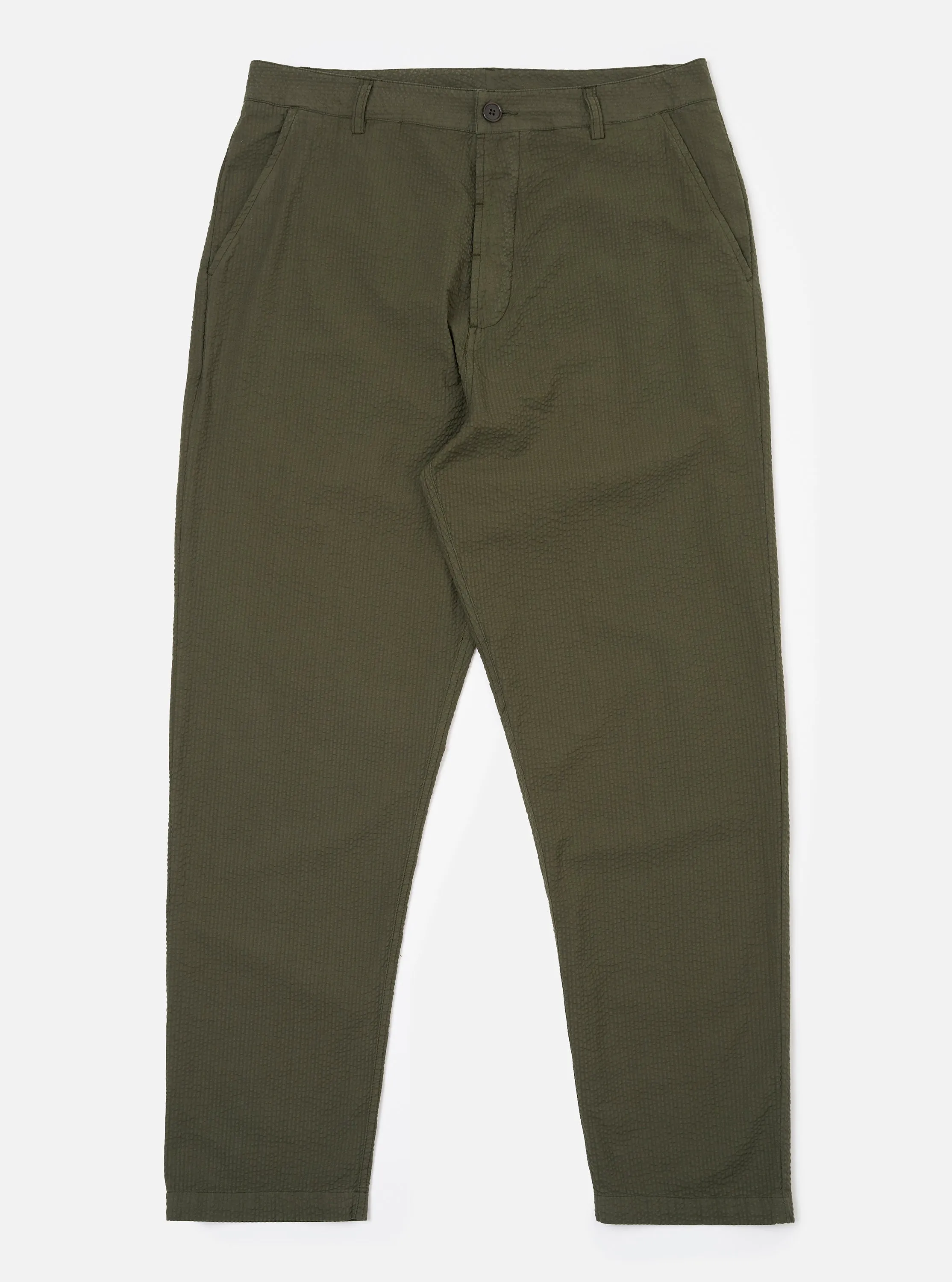 Olive Merida Seersucker Military Chino sold by Universal Works
