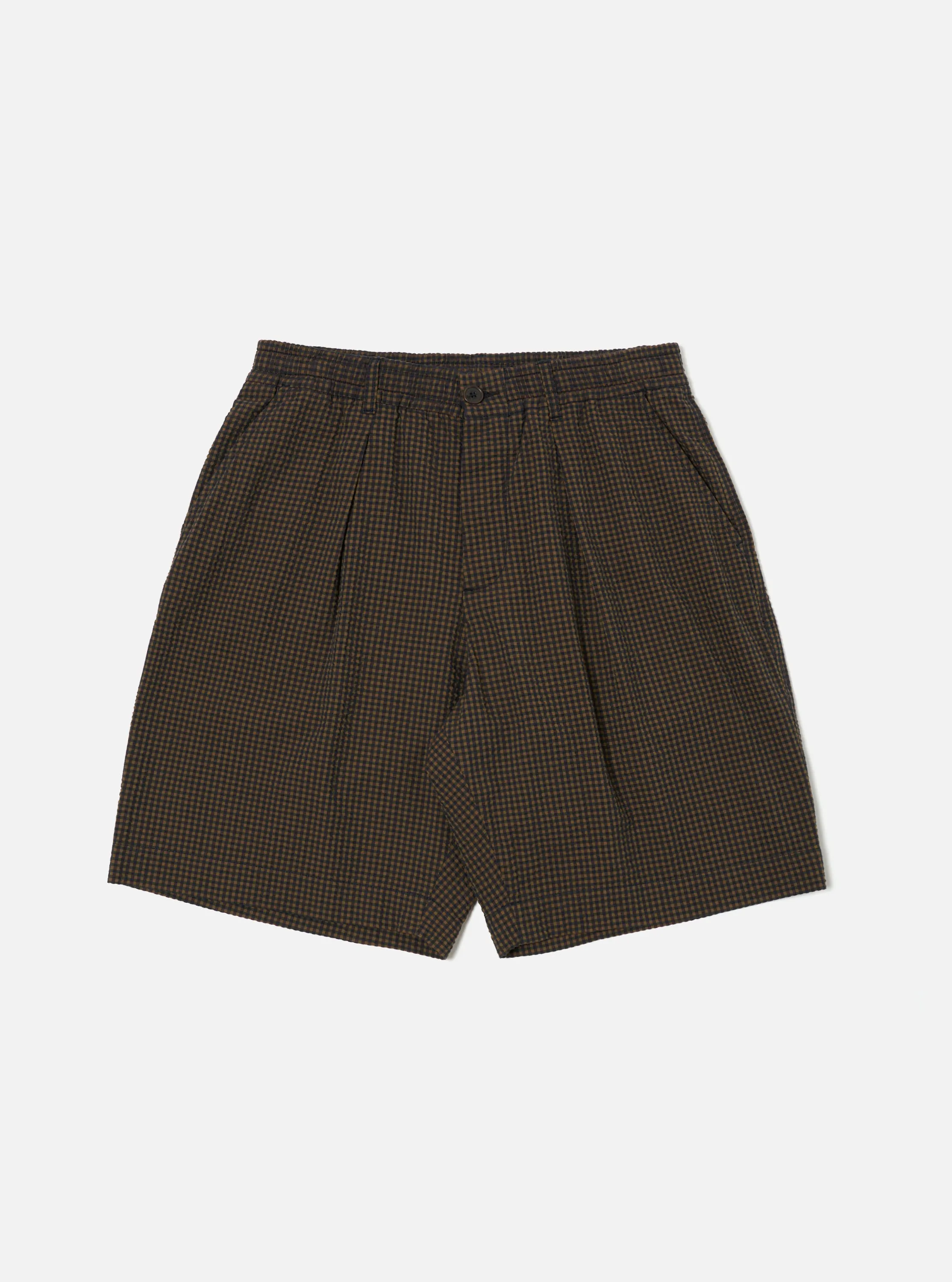 Navy Japanese Seersucker Pleated Track Short sold by Universal Works