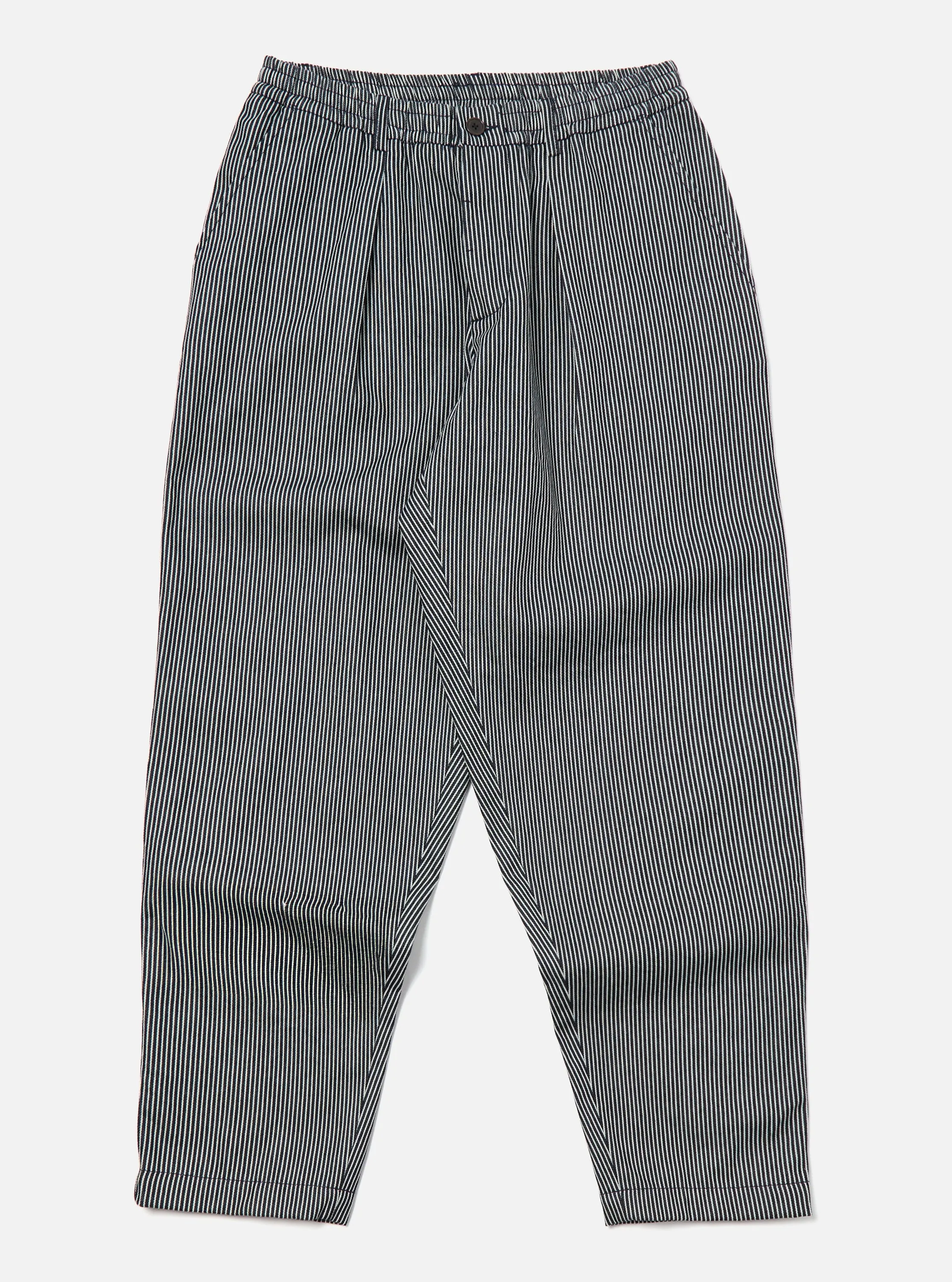Indigo Hickory Stripe Denim Pleated Track Pant sold by Universal Works