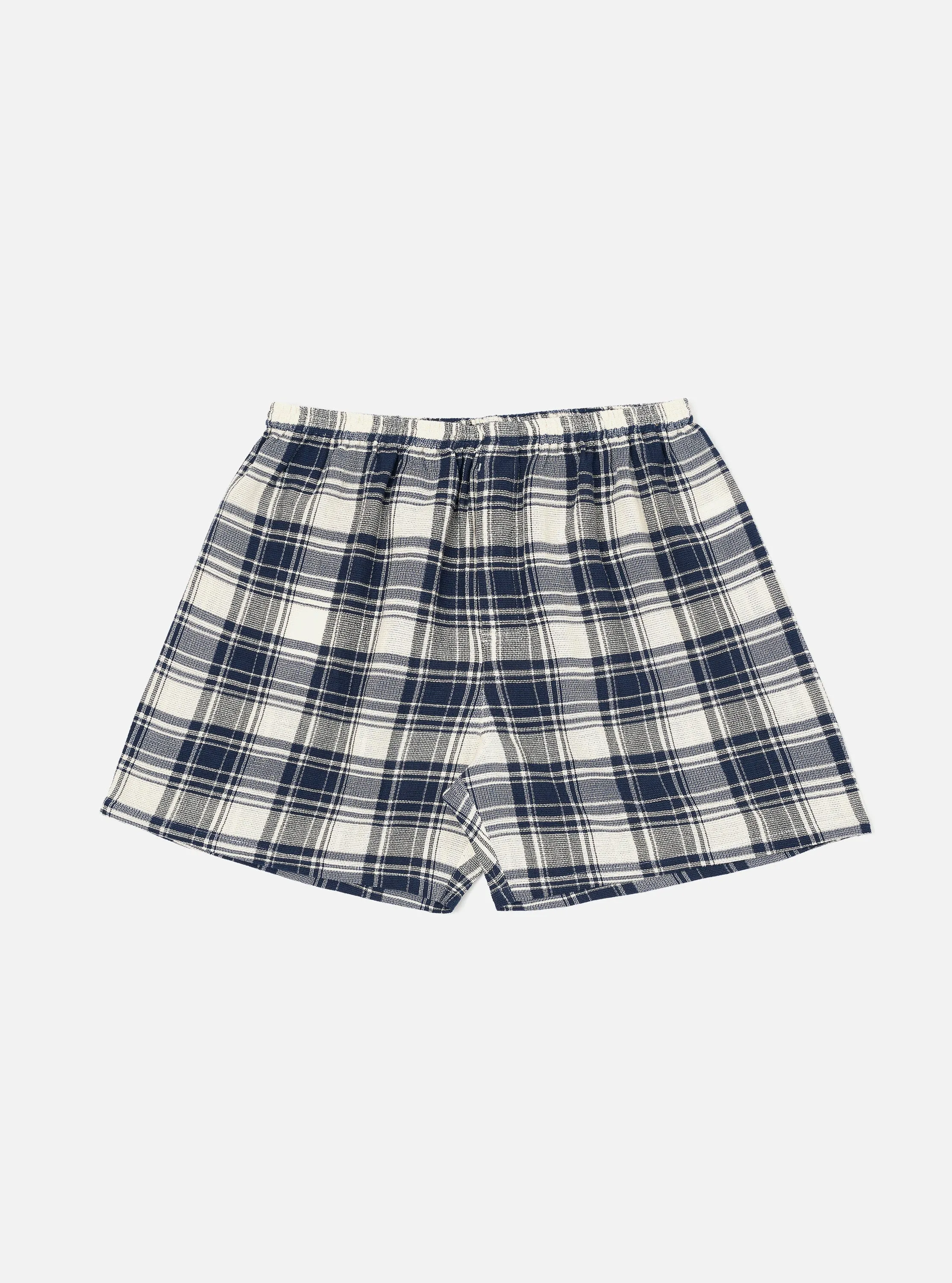 Navy Textured Plaid Boxer Short sold by Universal Works