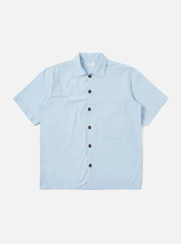 Sky Blue Paper Touch Cotton S/S Fatigue Shirt made by Universal Works
