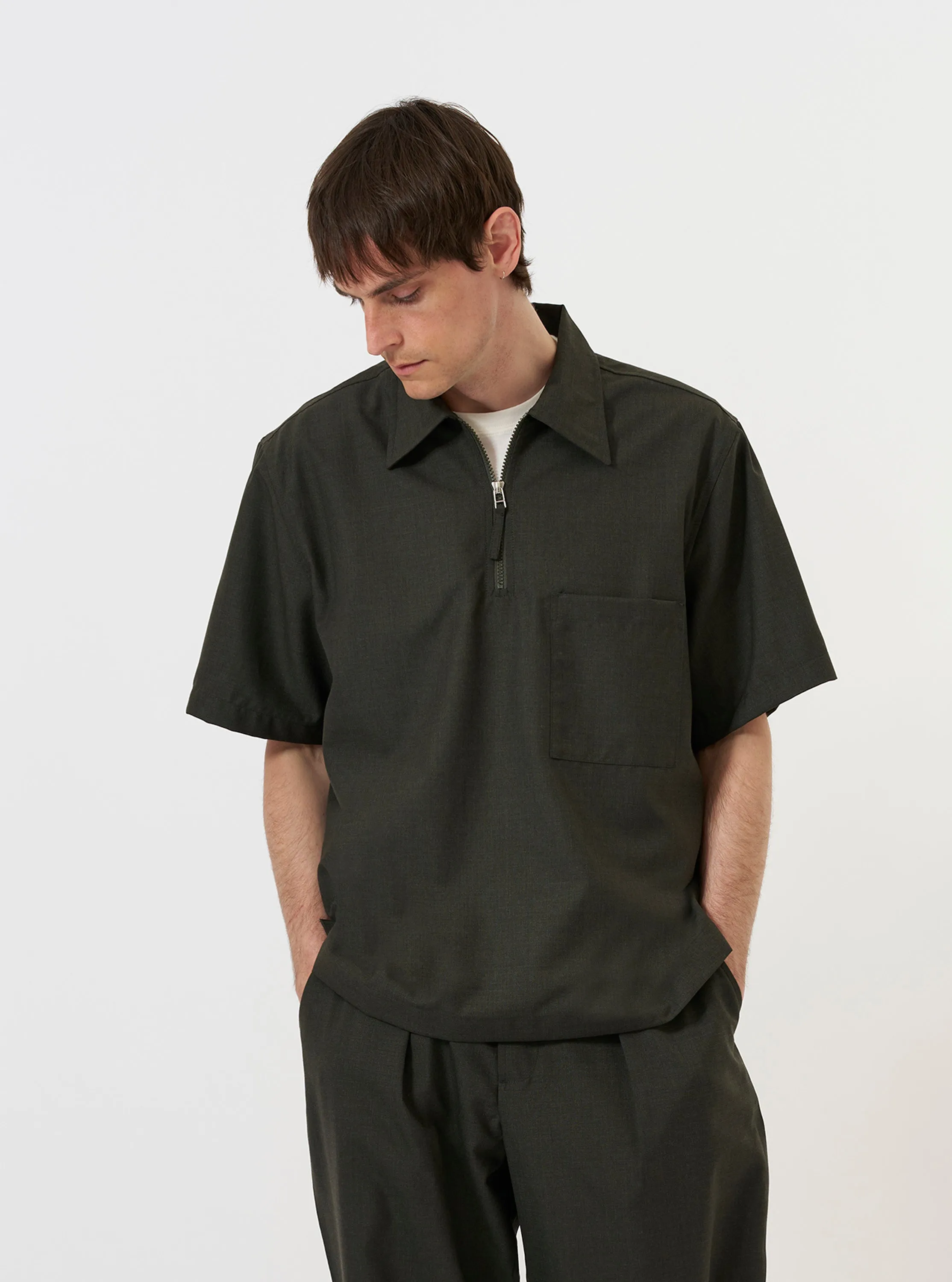 Olive Marl Tropical Suiting Ewan Shirt sold by Universal Works product image thumbnail 2