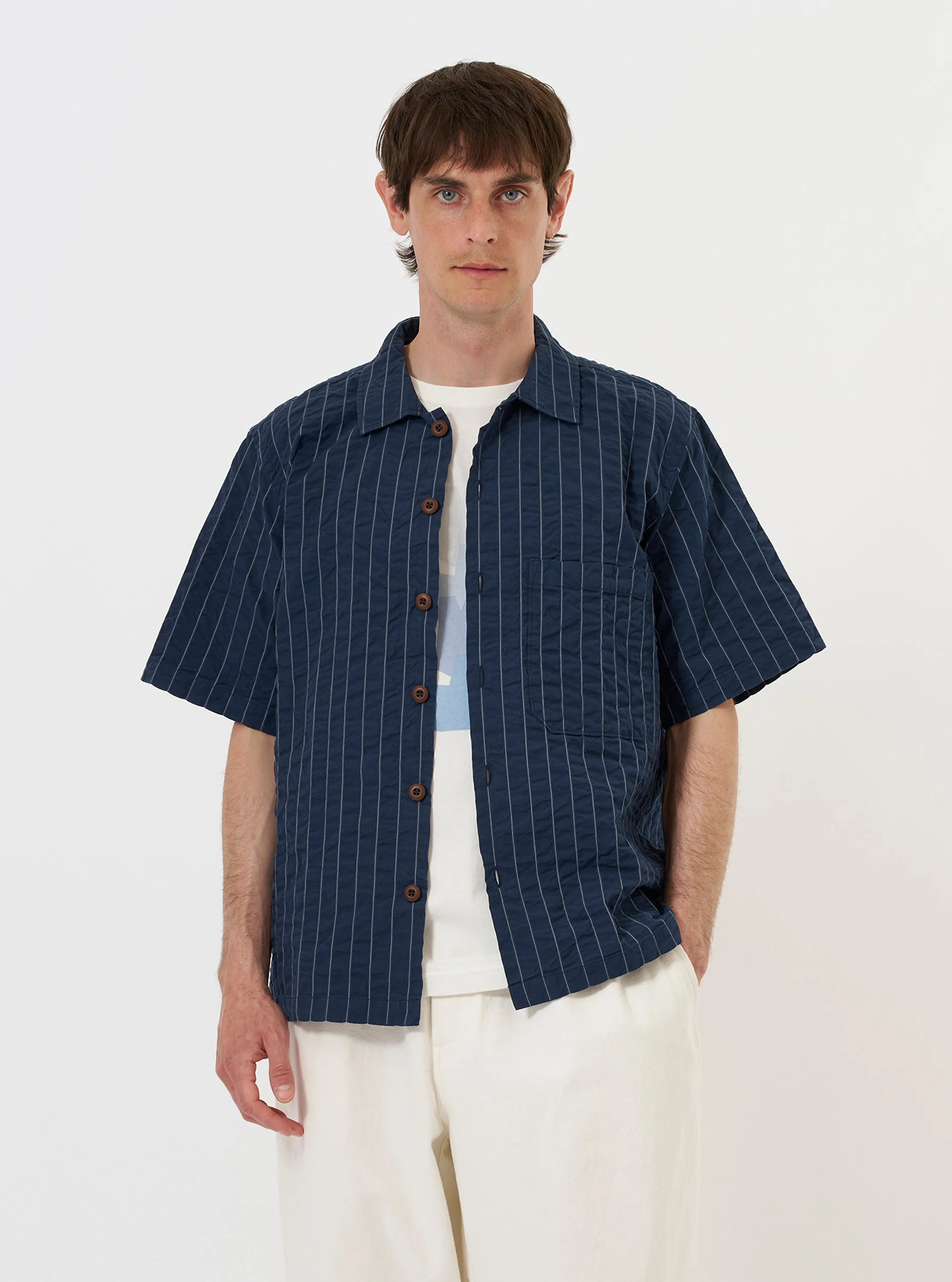Navy Chester Stripe S/S Fatigue Shirt sold by Universal Works product image thumbnail 2