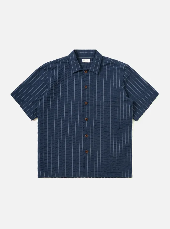 Navy Chester Stripe S/S Fatigue Shirt made by Universal Works