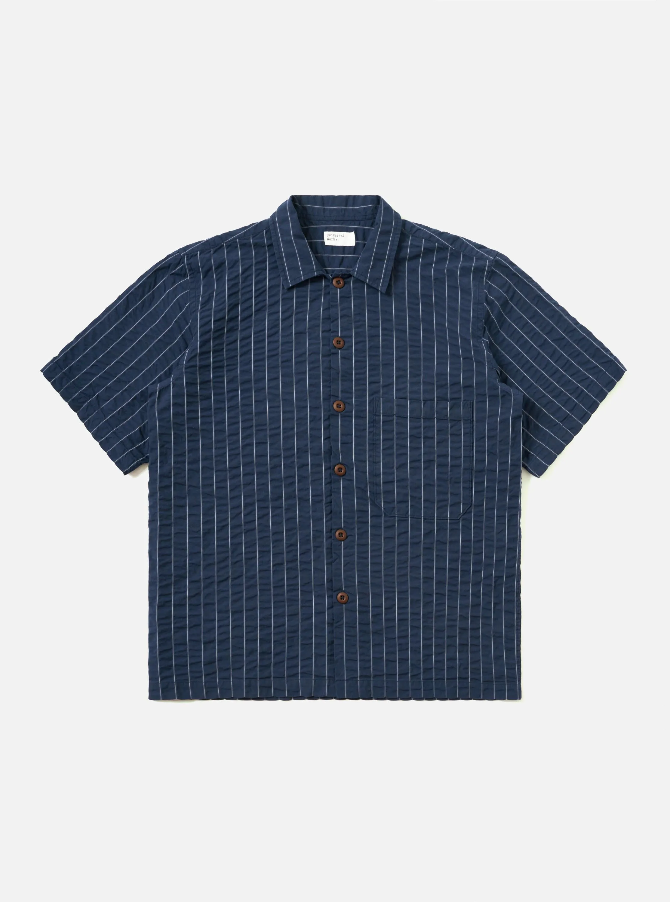 Navy Chester Stripe S/S Fatigue Shirt sold by Universal Works