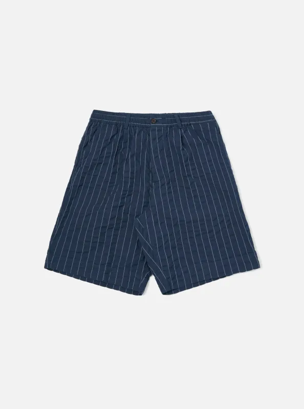 Navy Chester Stripe Pleated Track Short made by Universal Works