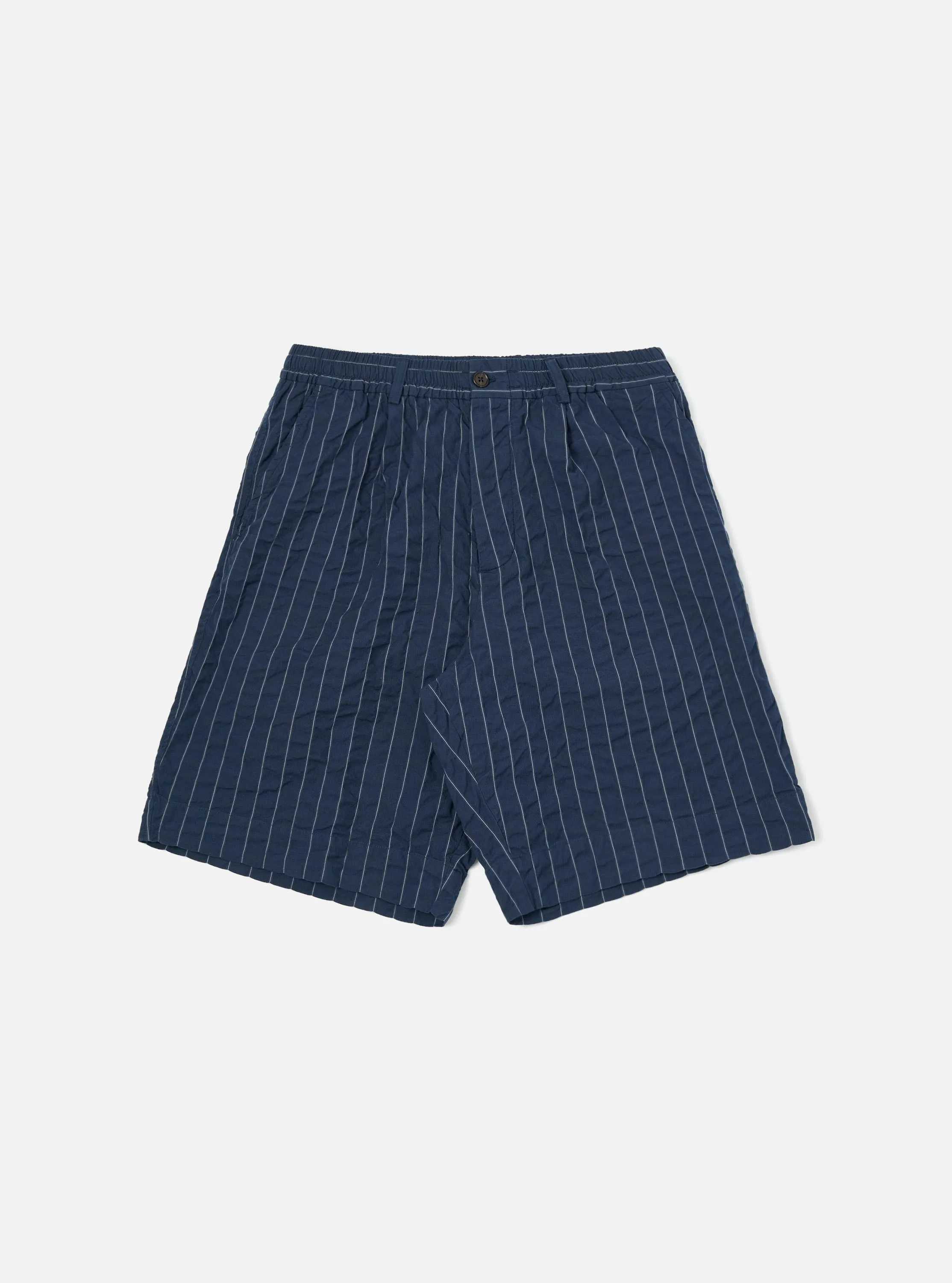 Navy Chester Stripe Pleated Track Short sold by Universal Works