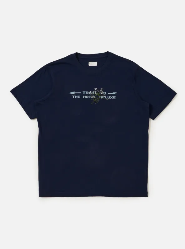 Navy Single Jersey Trail Trail To Hotel Delux Tee made by Universal Works