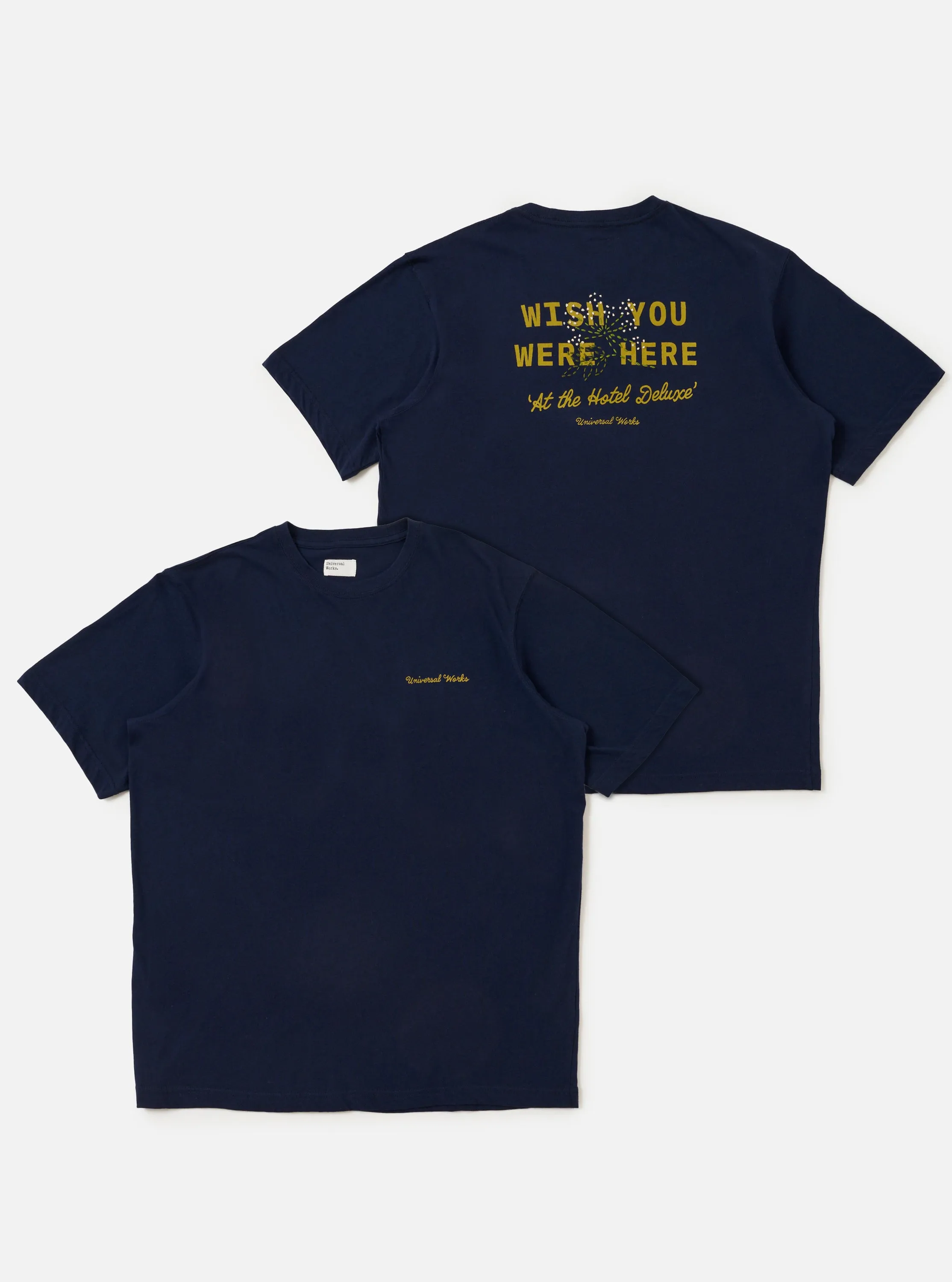 Navy Single Jersey Wish Wish You Were Here Tee sold by Universal Works