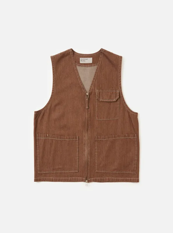 Brown Meco Denim Marine Gilet made by Universal Works