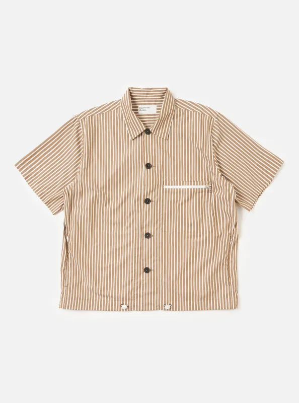 Brown/White Cotton Stripe Z Tech Overshirt made by Universal Works
