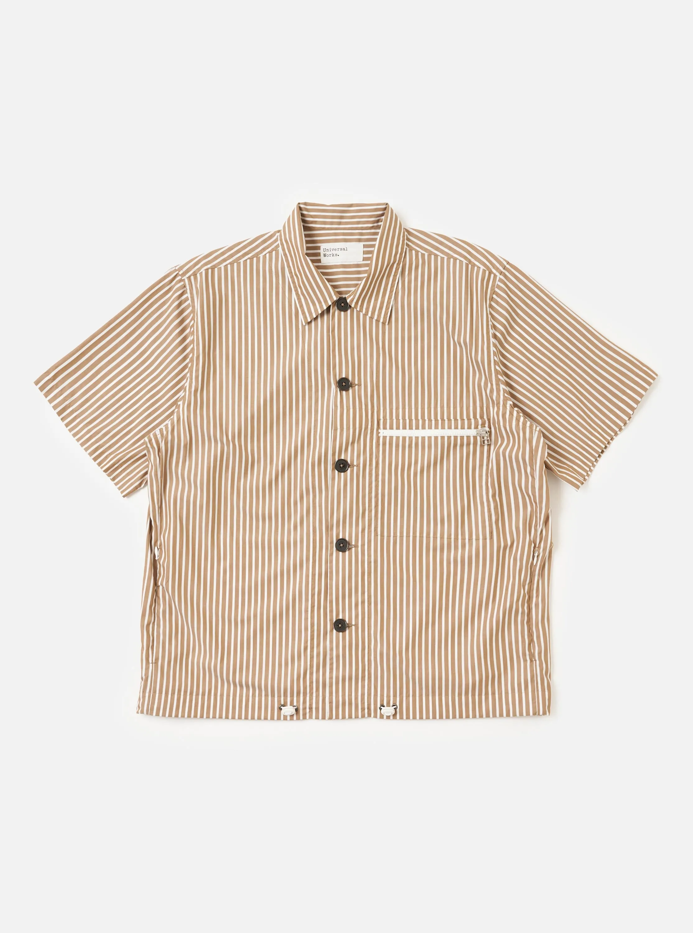 Brown/White Cotton Stripe Z Tech Overshirt sold by Universal Works