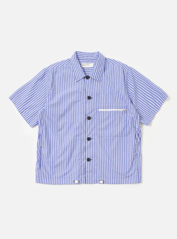 Blue/White Cotton Stripe Z Tech Overshirt made by Universal Works