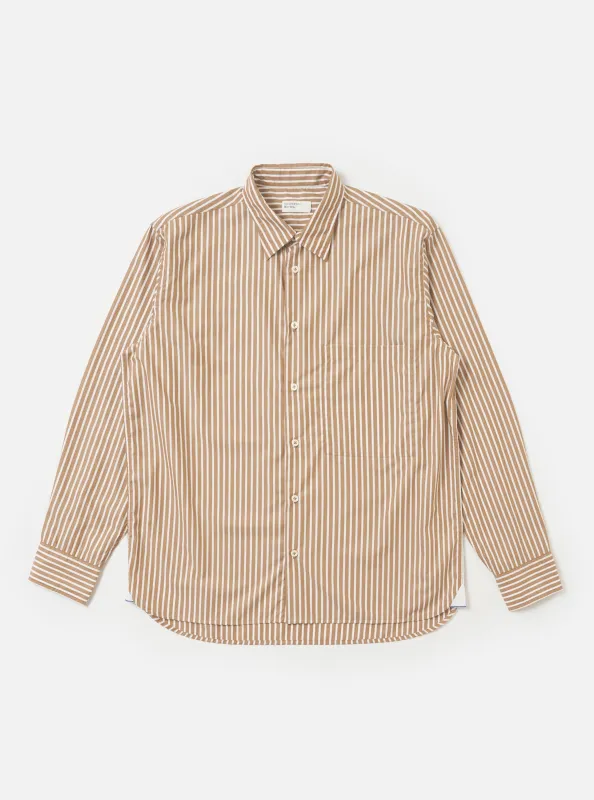 Brown/White Cotton Stripe Square Pocket Shirt made by Universal Works