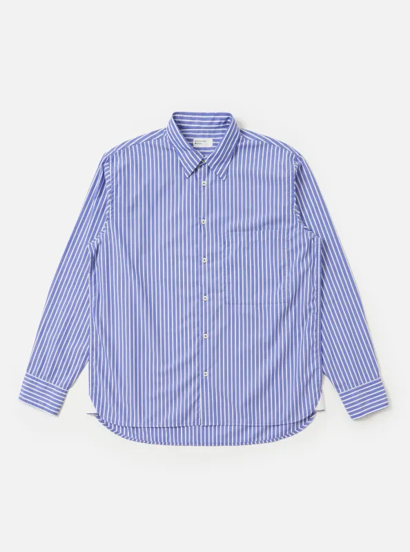 Blue/White Cotton Stripe Square Pocket Shirt made by Universal Works