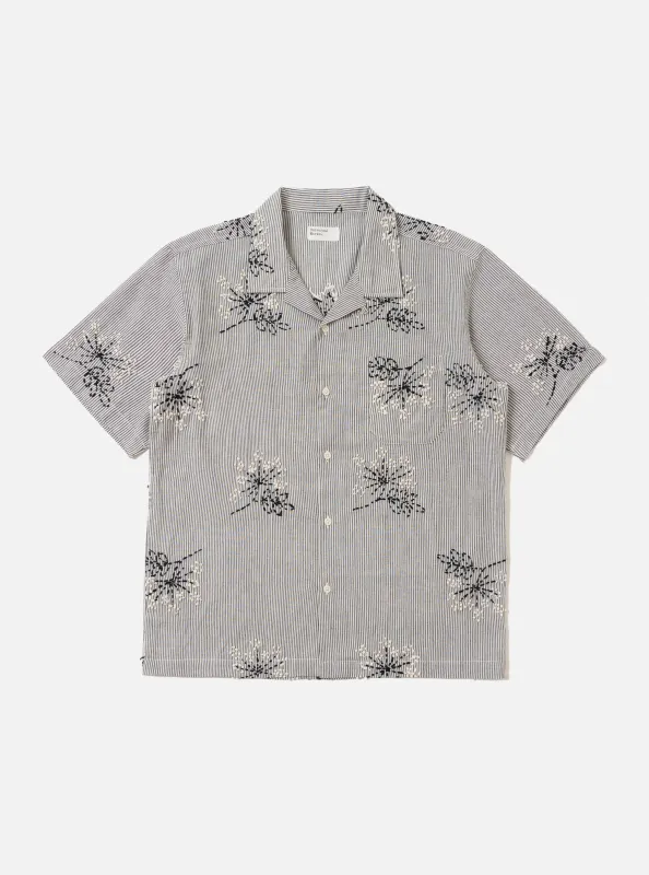 Grey Hand Embroidered Stripe Cotton Road Shirt made by Universal Works