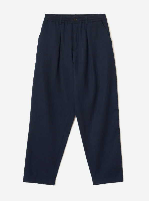 Navy Wool Herringbone Pleated Track Pant made by Universal Works