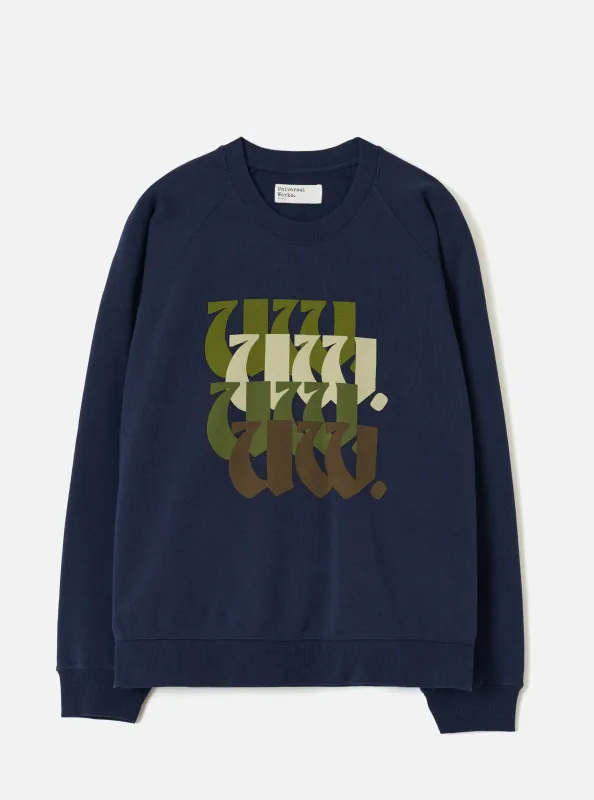 Navy Brush Back Sweat UW UW Print Raglan Sweatshirt made by Universal Works