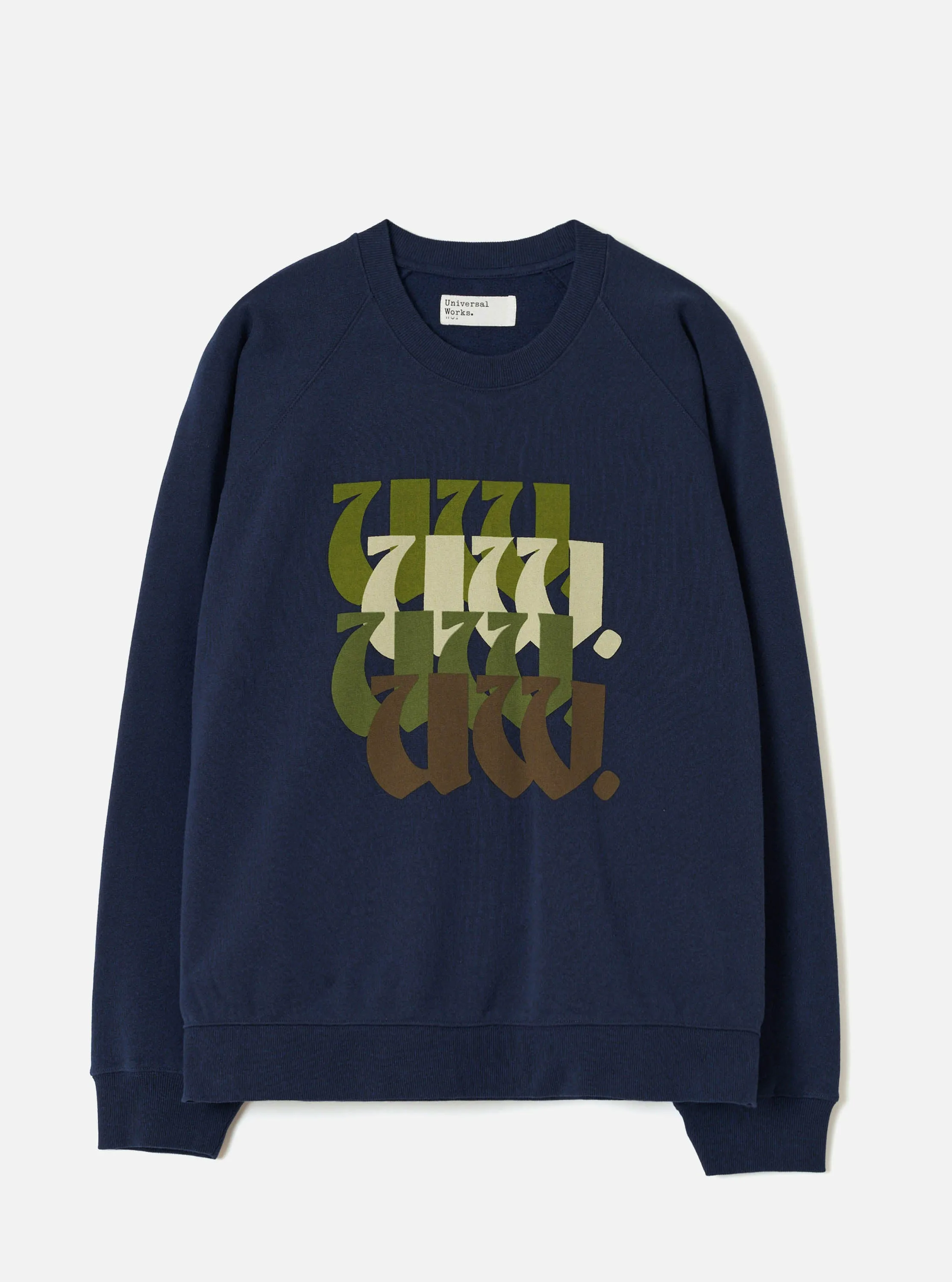 Navy Brush Back Sweat UW UW Print Raglan Sweatshirt sold by Universal Works