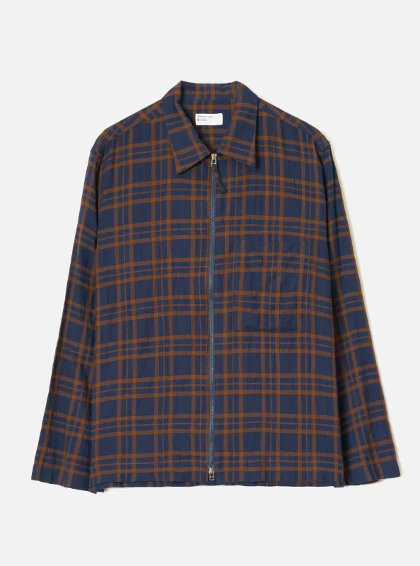 Navy/Brown Young Check Zip Shirt made by Universal Works