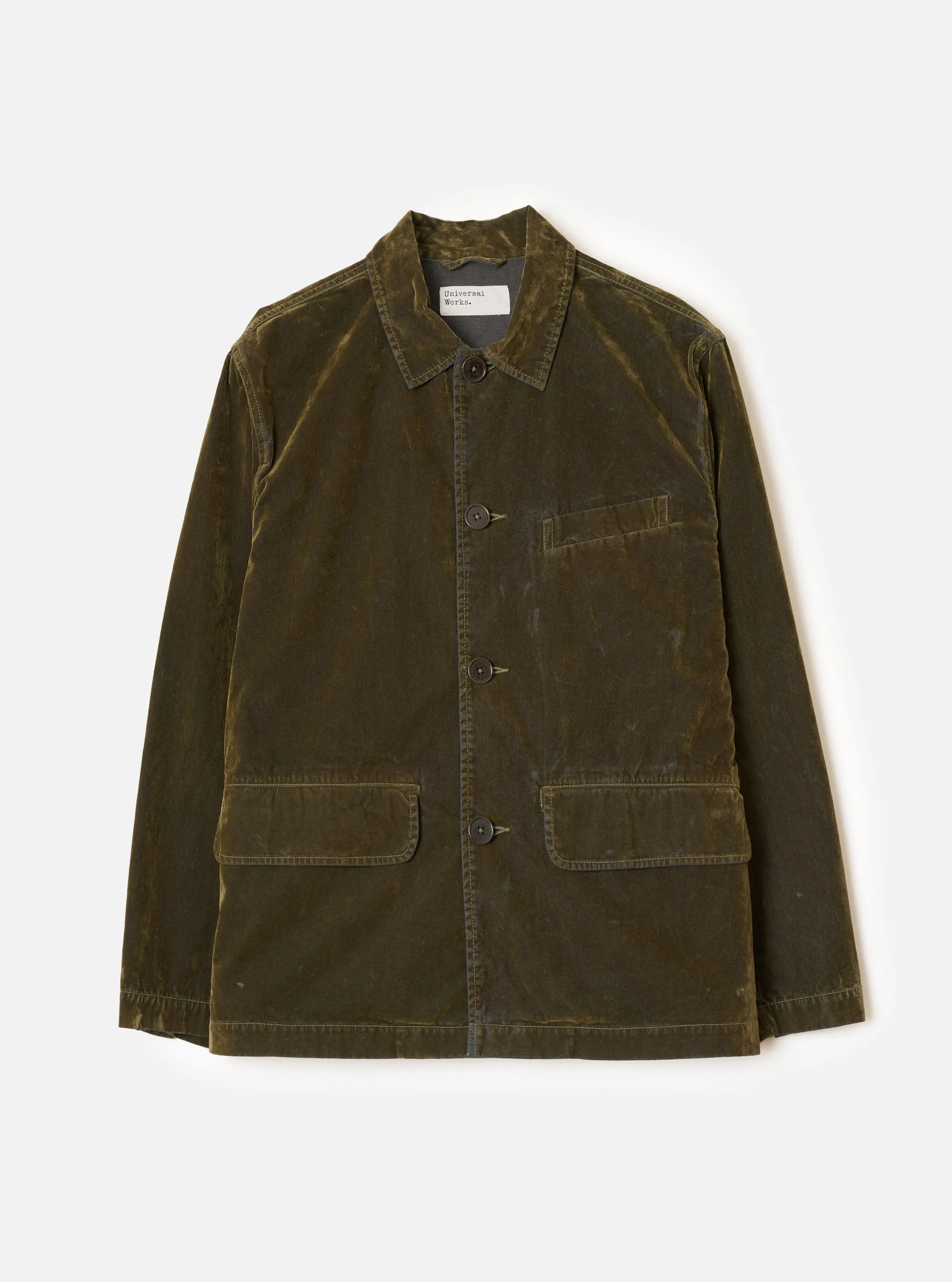 Olive Flock Chambray Warmus Jacket sold by Universal Works