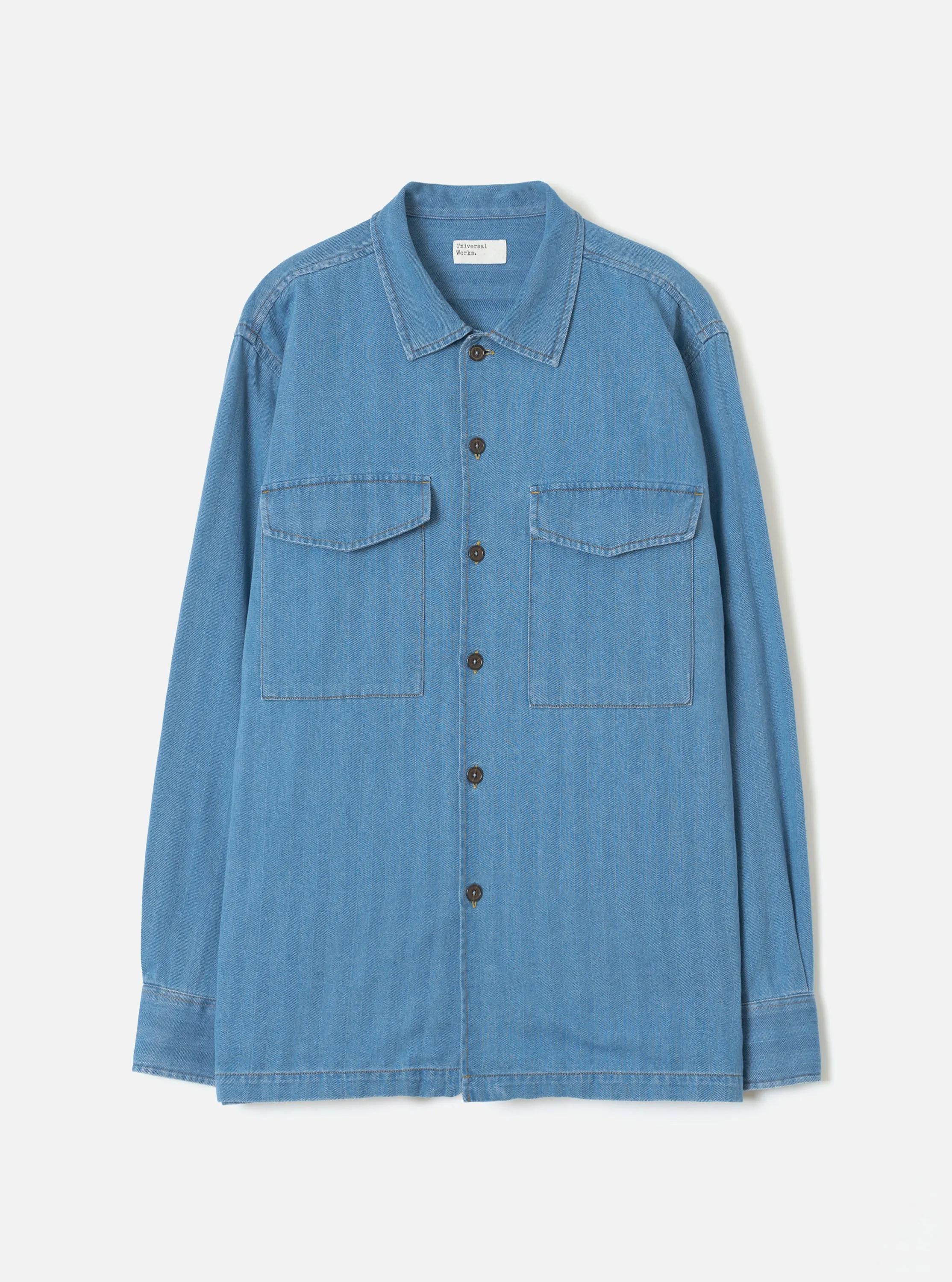 Washed Indigo Recycled Herringbone Attendant Shirt sold by Universal Works