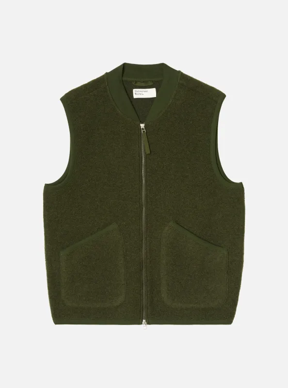 Olive Wool Fleece Zip Waistcoat made by Universal Works