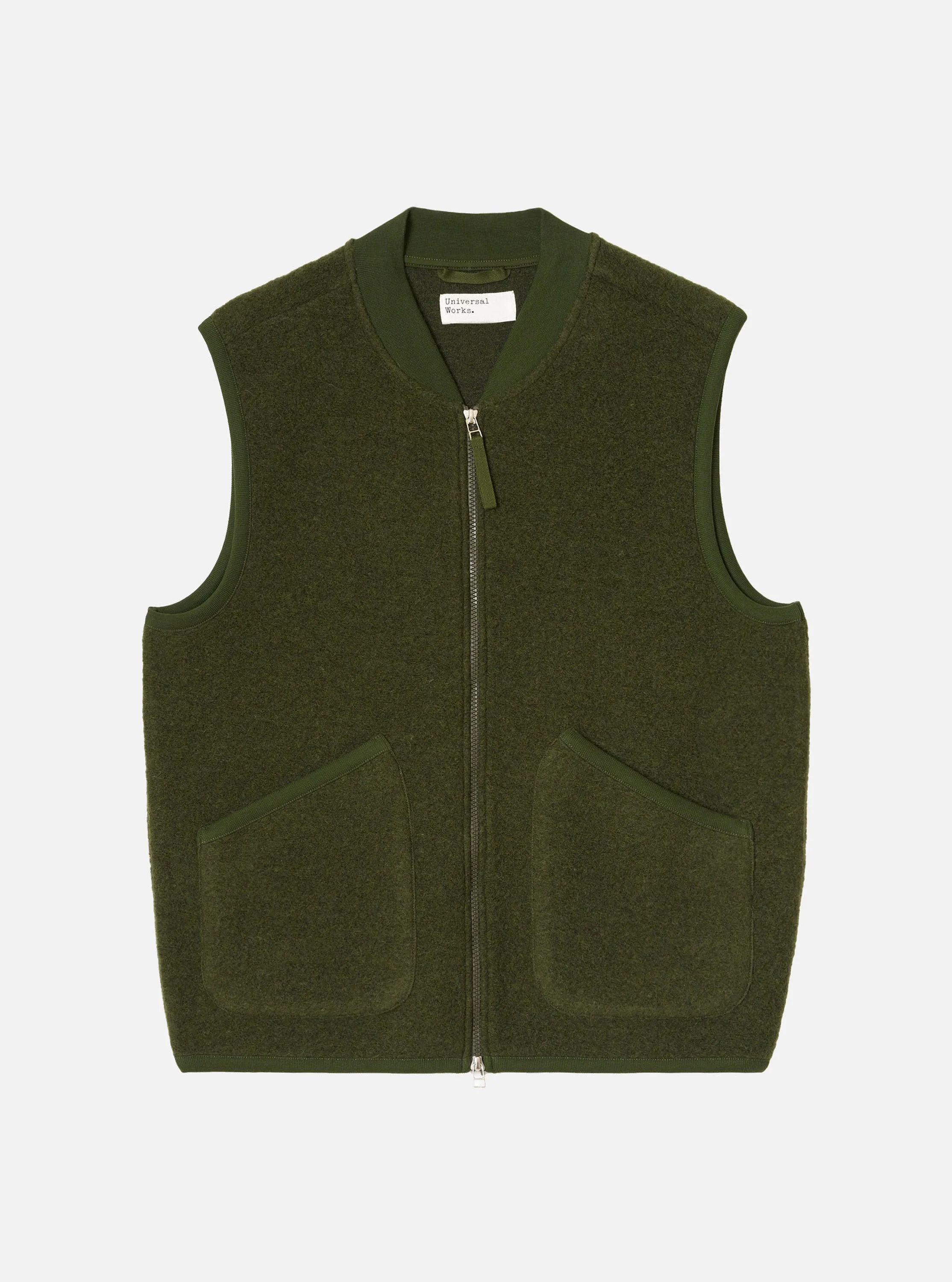 Olive Wool Fleece Zip Waistcoat sold by Universal Works