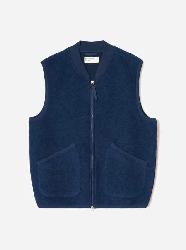 Indigo Wool Fleece Zip Waistcoat made by Universal Works