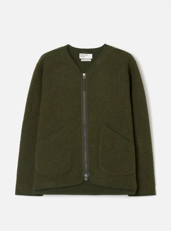 Olive Wool Fleece Zip Liner Jacket made by Universal Works