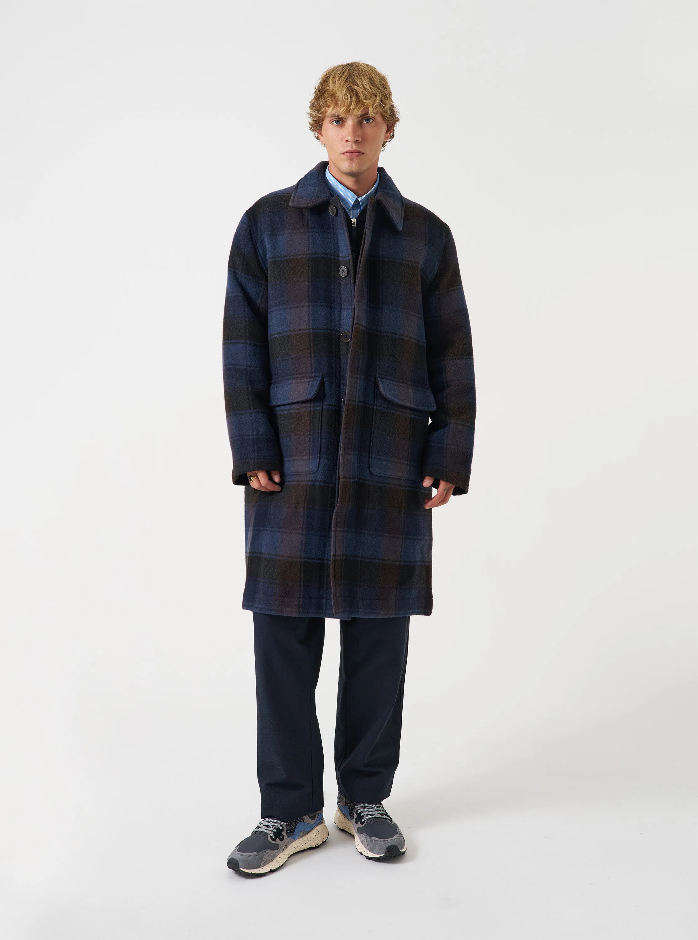 Navy/Brown Berlin Wool Check Account Coat sold by Universal Works product image thumbnail 2