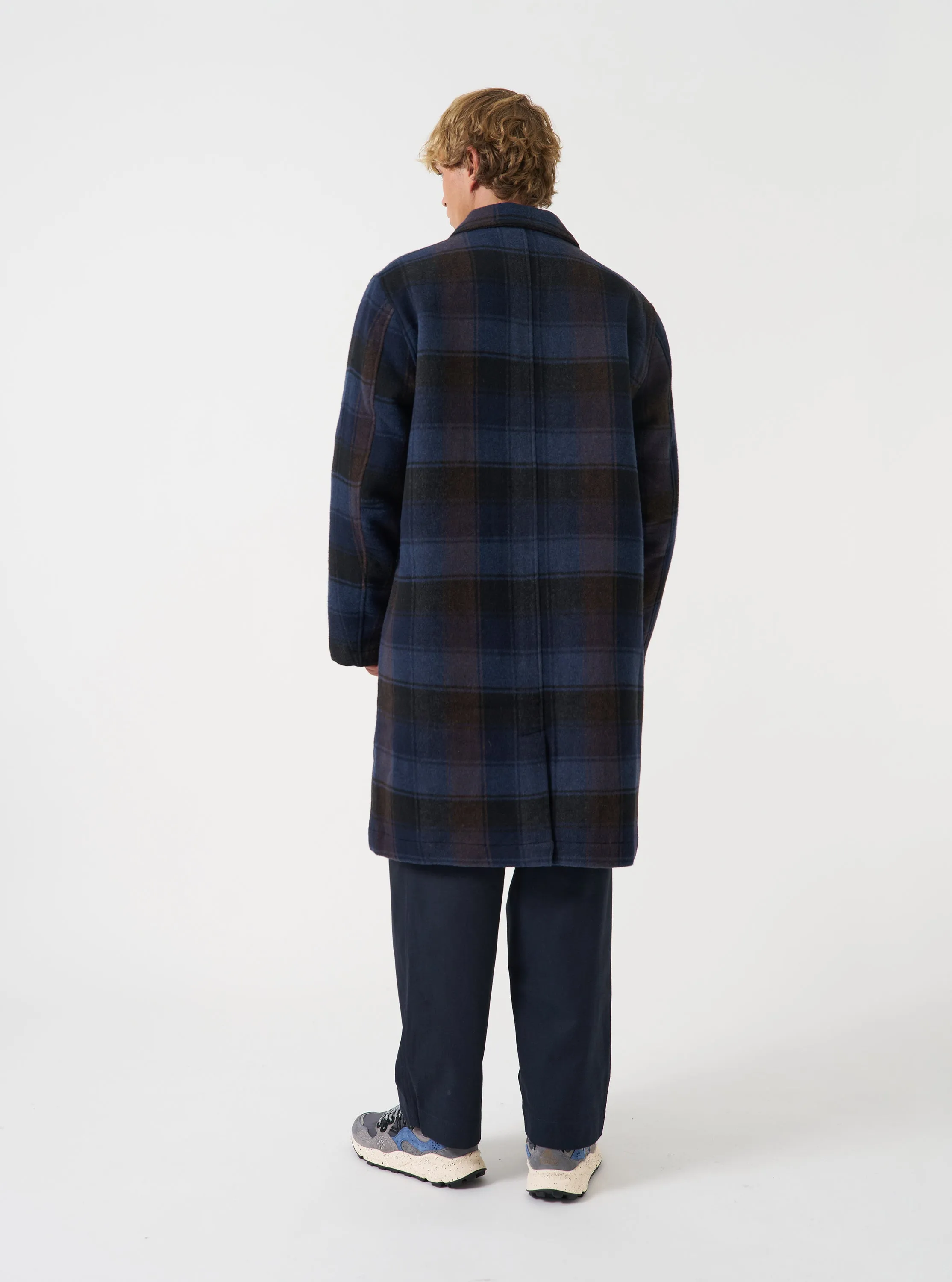 Navy/Brown Berlin Wool Check Account Coat sold by Universal Works product image thumbnail 3