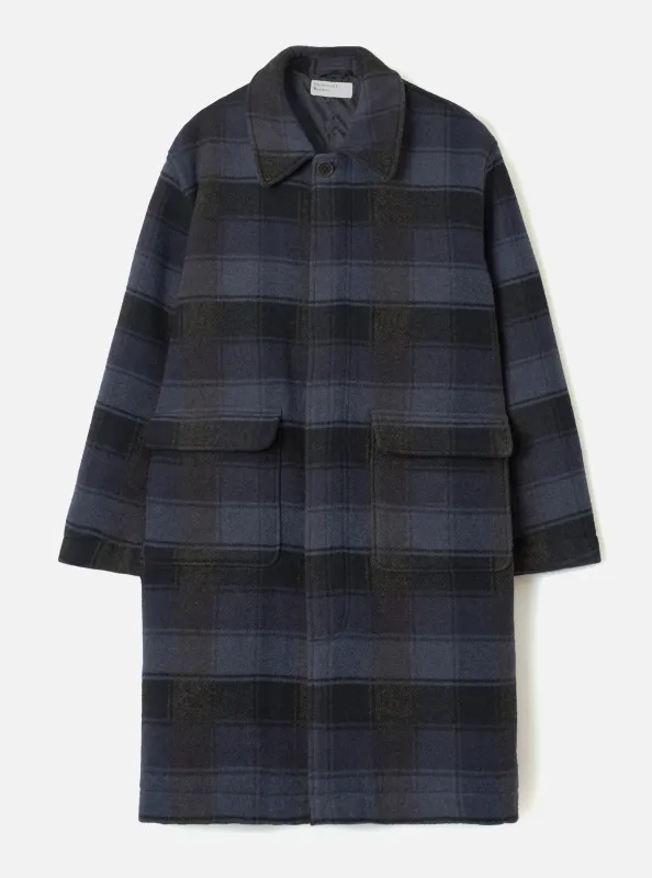 Navy/Brown Berlin Wool Check Account Coat made by Universal Works
