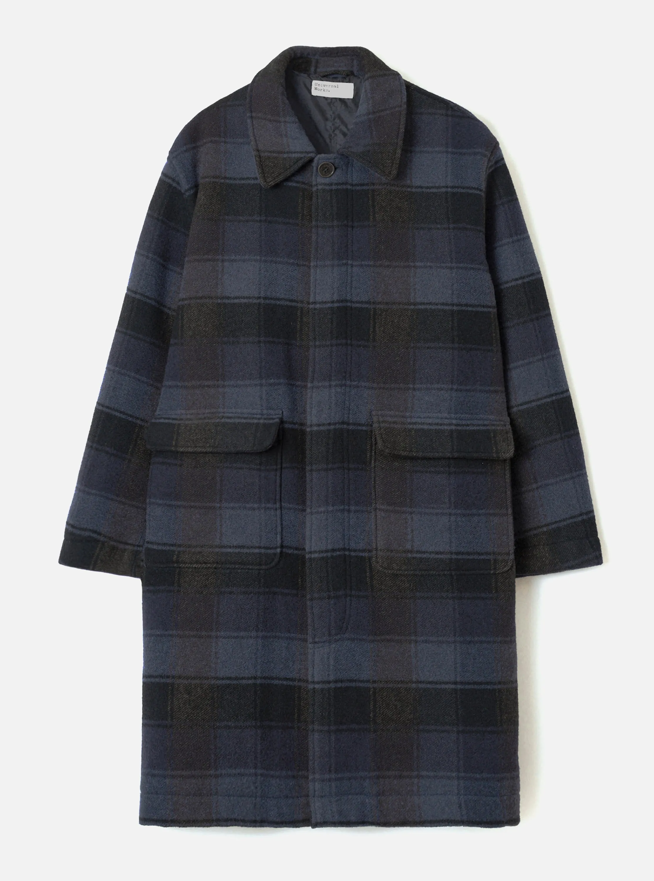 Navy/Brown Berlin Wool Check Account Coat sold by Universal Works