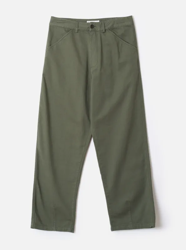 Olive Slub Sateen Utility Pant made by Universal Works