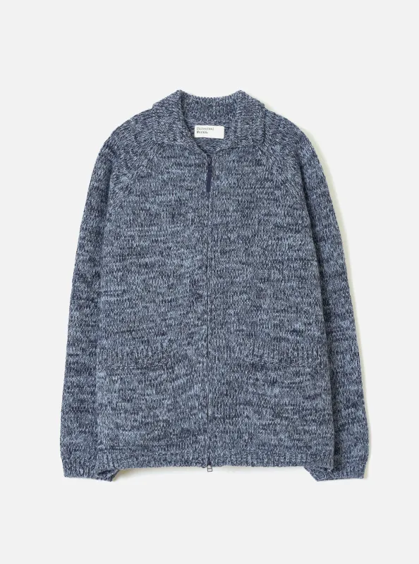 Sky/Navy Lambswool Zip Cardigan made by Universal Works