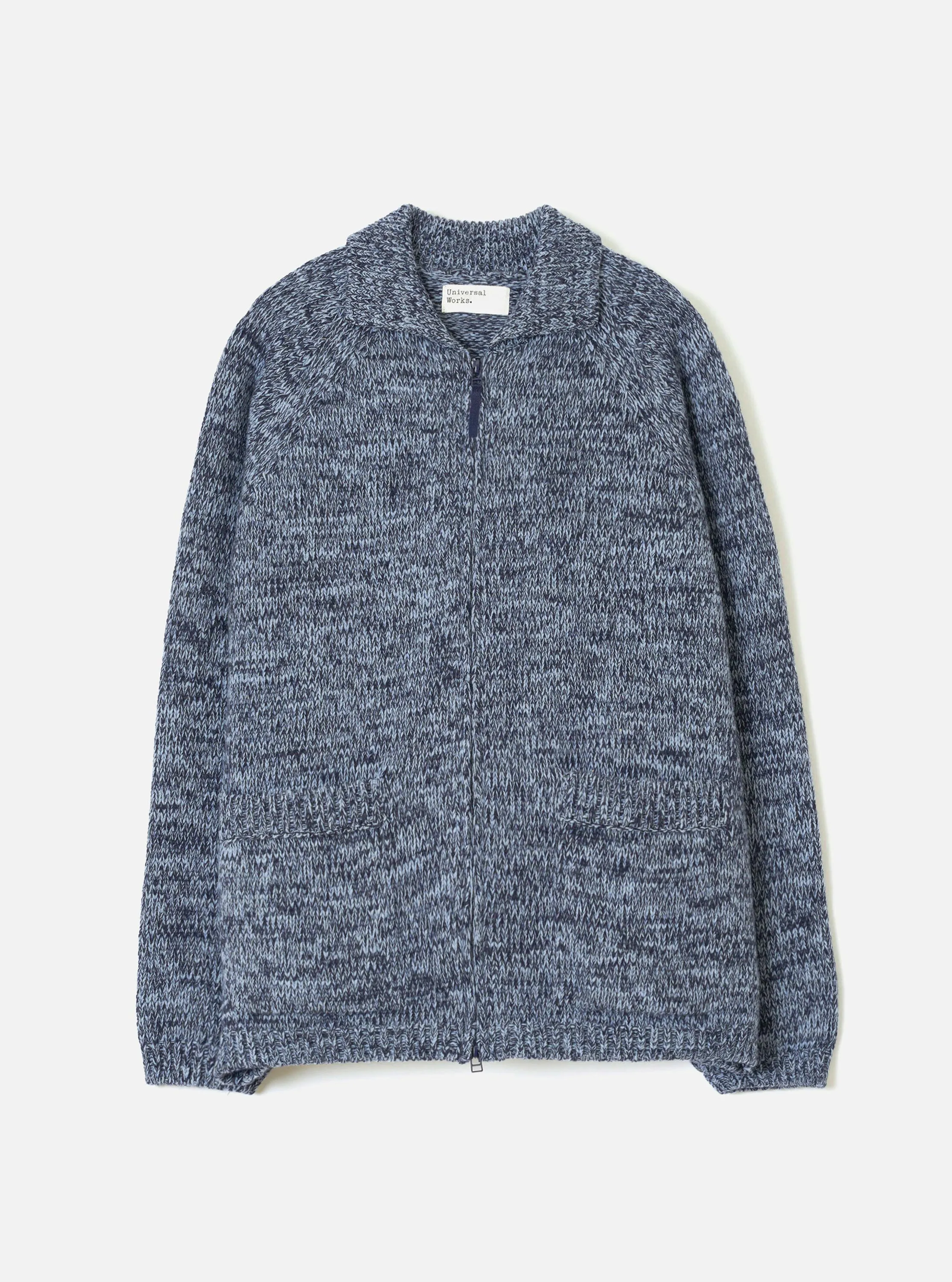 Sky/Navy Lambswool Zip Cardigan sold by Universal Works