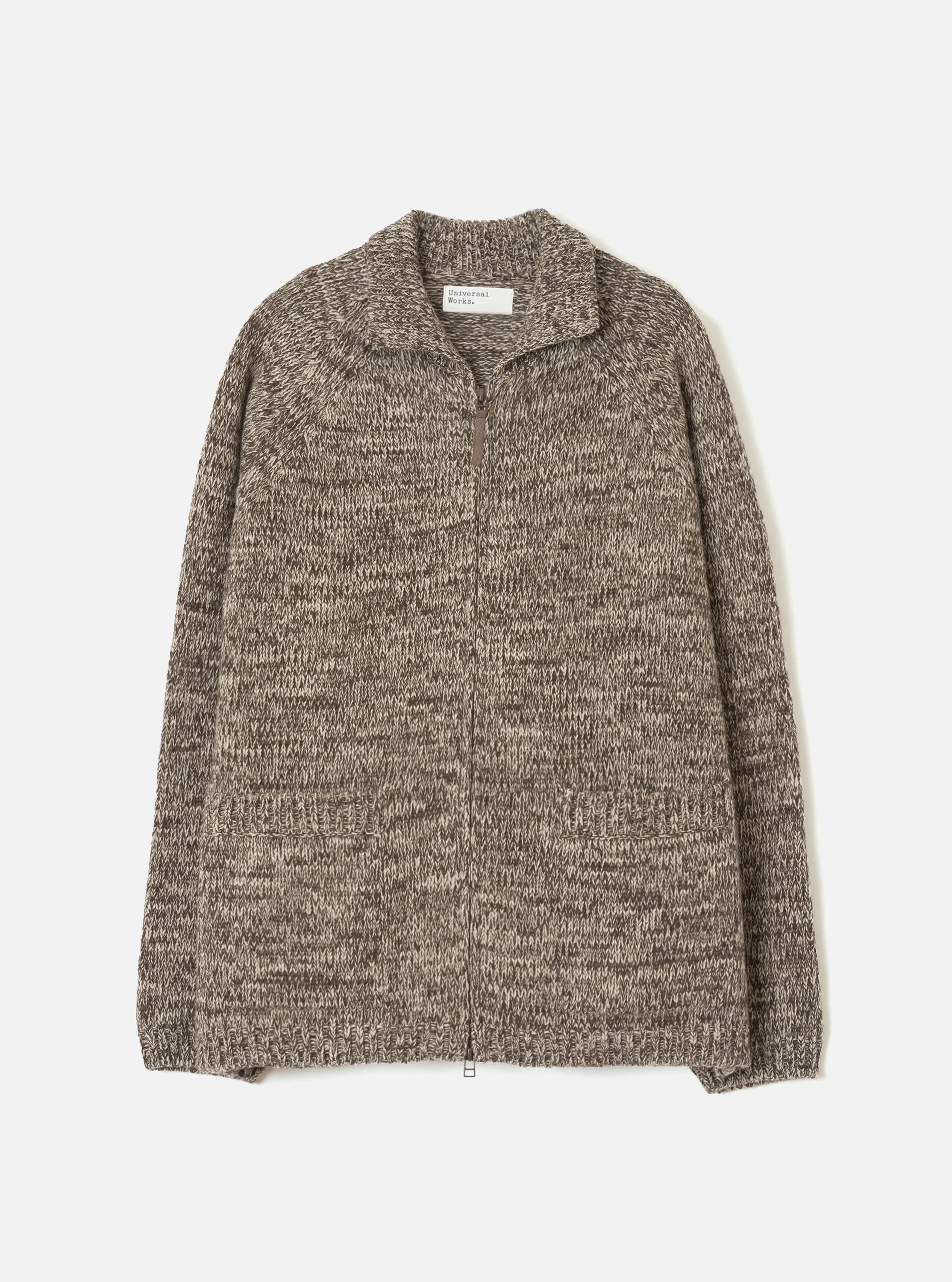 Ecru/Brown Lambswool Zip Cardigan sold by Universal Works