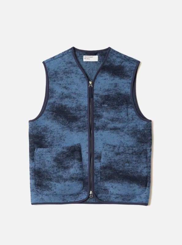 Blue Cloud Camo Knit Zip Gilet made by Universal Works