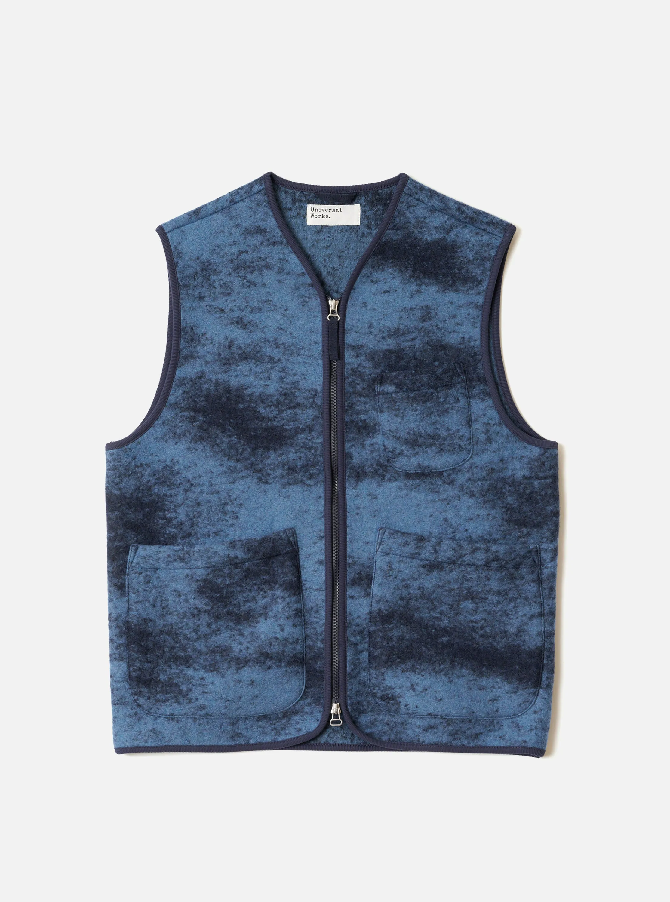 Blue Cloud Camo Knit Zip Gilet sold by Universal Works