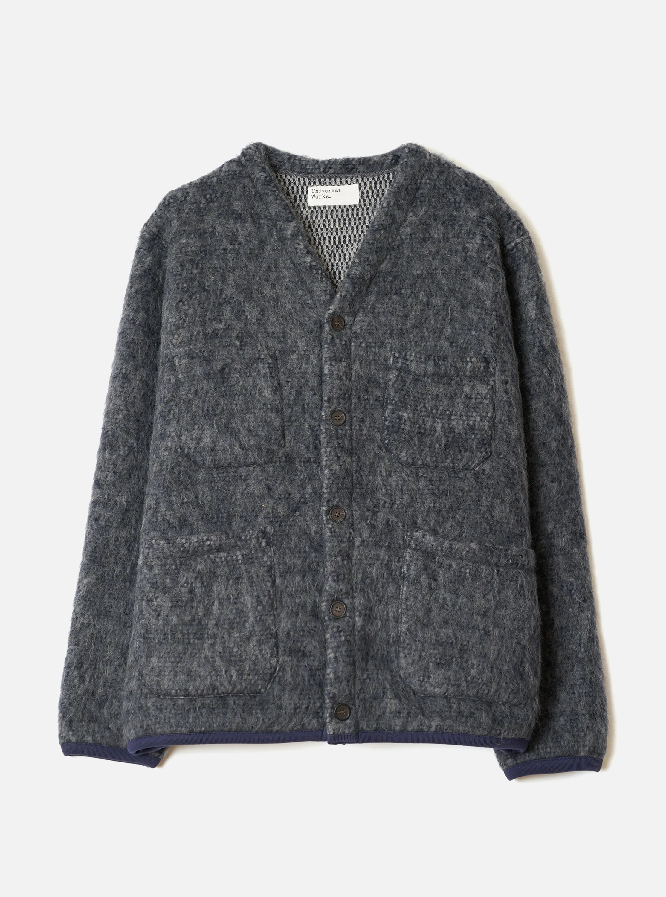 Navy/Pale Grey Losso Mohair Mix Cardigan sold by Universal Works