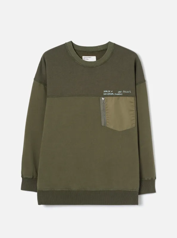 Walsh x Universal Works Olive Brushback Sweat Panelled Loose Sweatshirt made by Universal Works