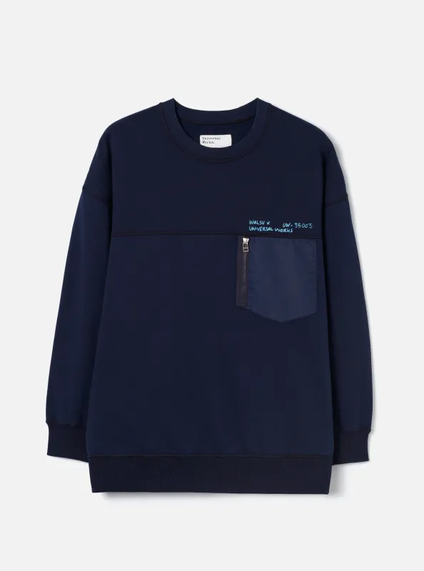 Walsh x Universal Works Navy Brushback Sweat Panelled Loose Sweatshirt made by Universal Works